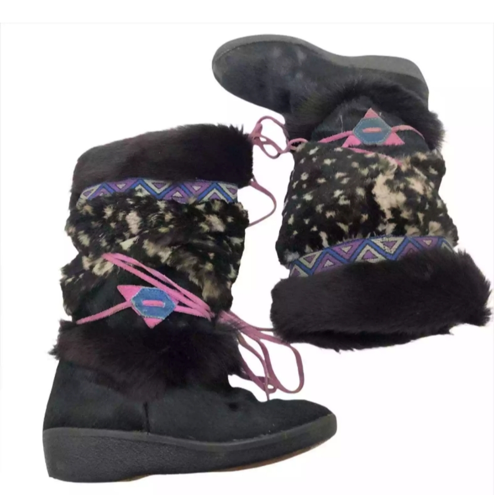 Tecnica vintage goat hair fur black boots veruska black white goat hair